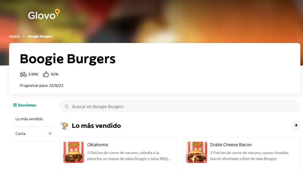 El restaurante Boogie Burgers no acepta pedidos en la app Glovo hasta el próximo 22 de agosto de 2023