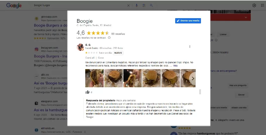 Boogie Burgers contesta a una de las múltiples reseñas negativas que recibe por culpa de Daniel Sancho