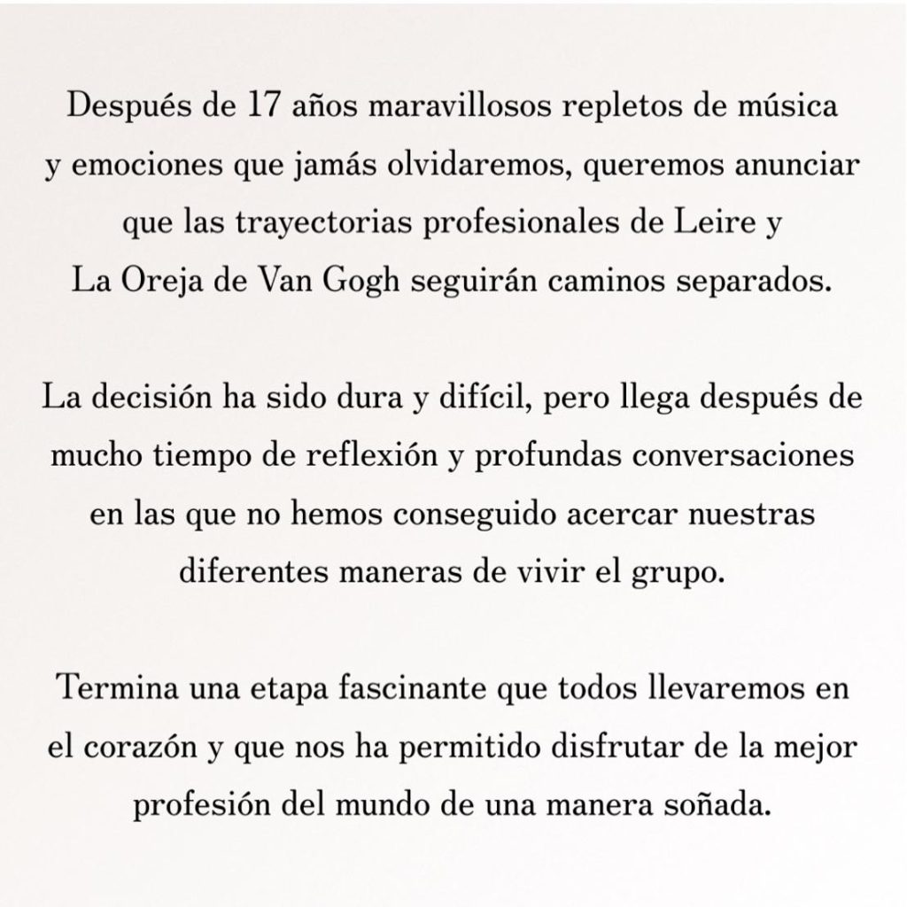 Comunicado oficial de La Oreja de Van Gogh (Instagram).