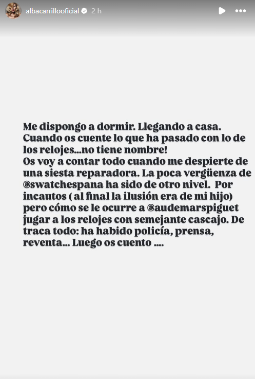 La reacción de Alba Carrillo a la polémica por la compra de relojes (Instagram).