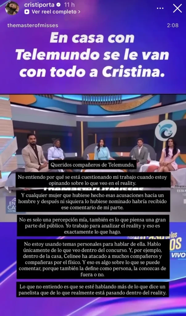 Comunicado de Cristina Porta en Instagram.