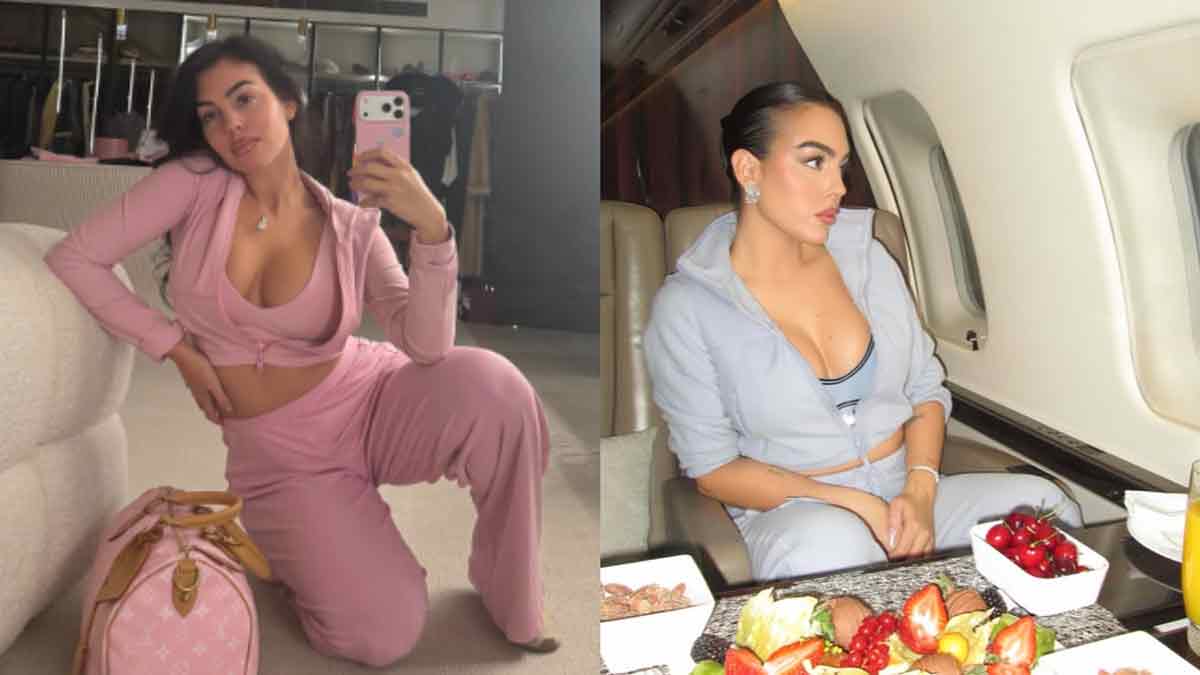 Georgina Rodríguez en dos imágenes de su cuenta de Instagram con ropa de la marca ALO (Instagram).