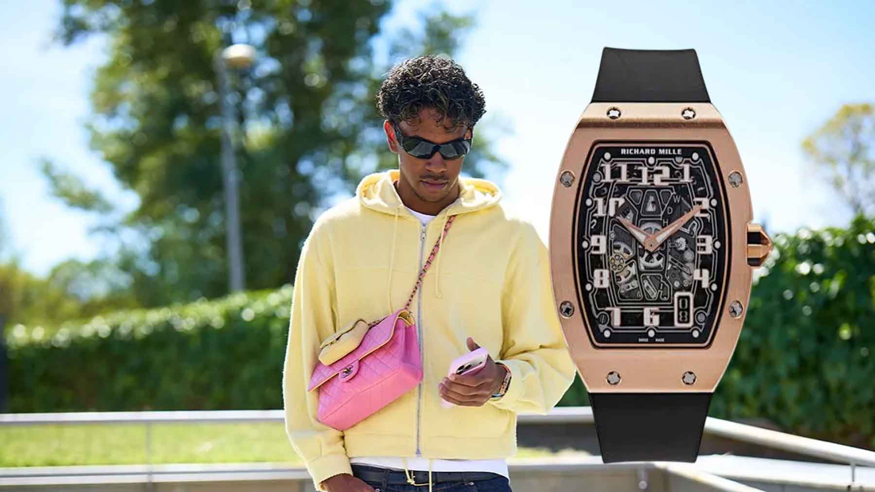 Montaje de imágenes de Lamine Yamal con un reloj Richard Mille 67-01 (Instagram/Richard Mille)